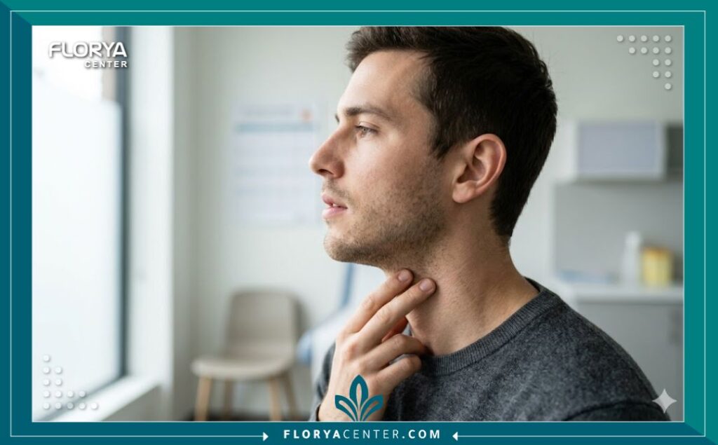 لقطة قريبة لرجل يركز على منطقة الحنجرة مترقباً ظهور نتيجة عملية تجميل الصوت النهائية.