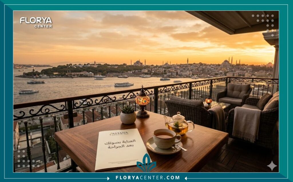 مركز تعافي ممتاز في اسطنبول يطل على البوسفور، متخصص في رعاية ما بعد جراحة الحبال الصوتية.