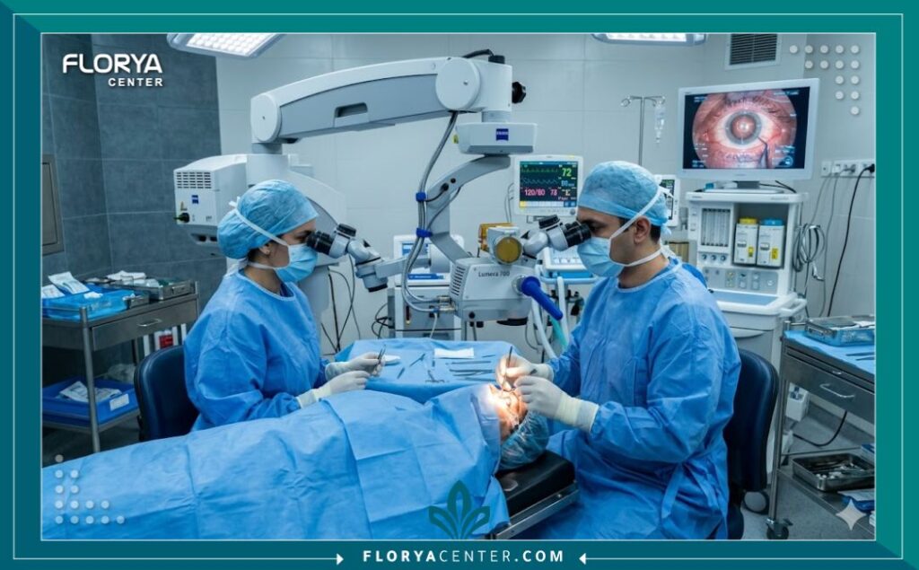 صورة واقعية داخل غرفة عمليات عيون معقمة، تظهر مريضاً تحت جهاز الليزر المتقدم لتغيير لون العين وطاقم طبي متخصص يعمل بدقة.