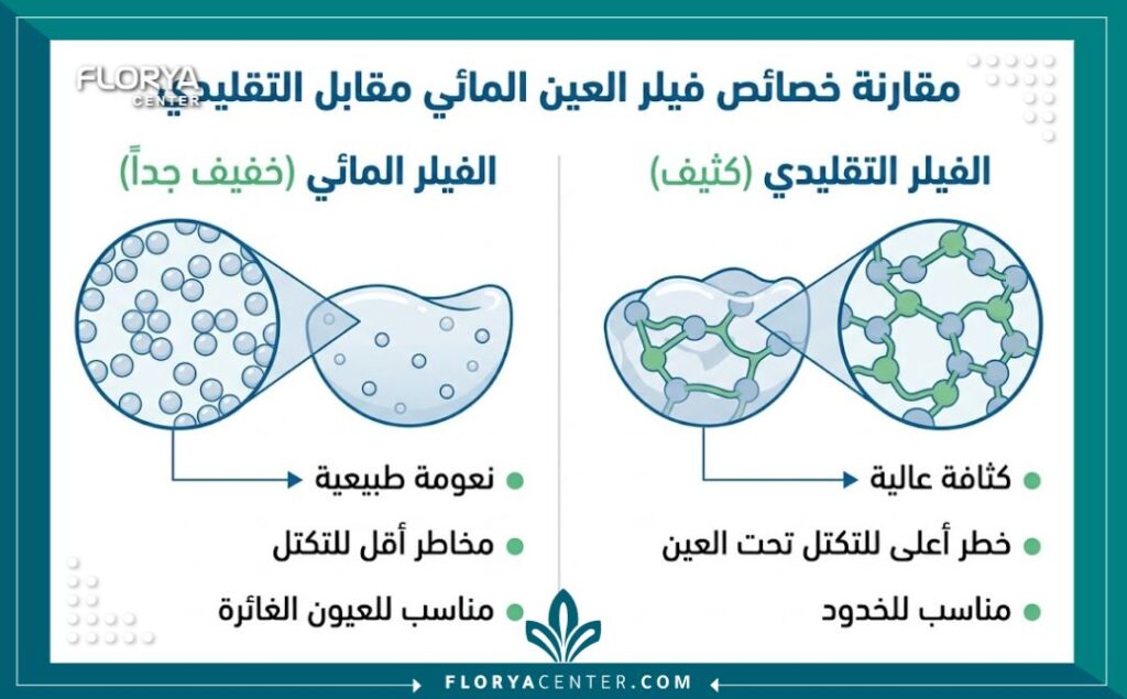 إنفوجرافيك يقارن بين خصائص ومزايا الفيلر المائي الخفيف للعين مقابل الفيلر التقليدي الكثيف من حيث التكتل والنعومة.
