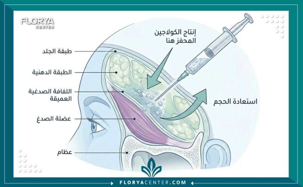 رسم تخطيطي طبي يوضح تشريح منطقة الصدغ ومكان حقن السكلبترا لتحفيز الكولاجين وعلاج الصدغين الغائرين.