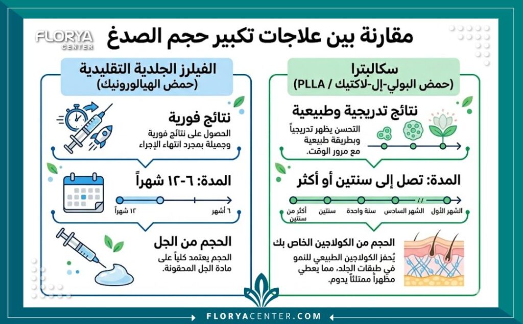 مخطط بياني (إنفوجرافيك) يقارن بين الفيلر التقليدي وملء فراغات الصدغين بحقن السكلبترا من حيث النتائج والمدة في تعبئة الصدغين.