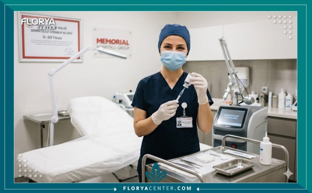 طبيب جلدية متخصص في عيادة تجميل بتركيا يستعد لحقن السكلبترا لتعبئة الصدغين باستخدام معدات معقمة.