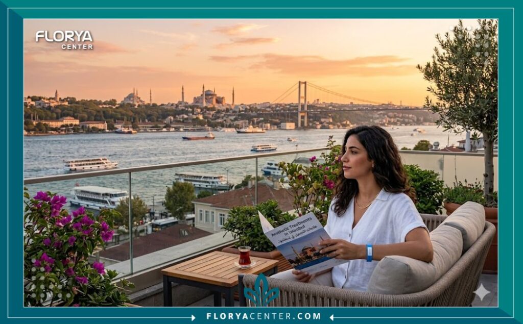 مريض يستمتع بالاسترخاء على شرفة تطل على مضيق البوسفور في إسطنبول بعد رحلة علاجية لحقن السكلبترا.