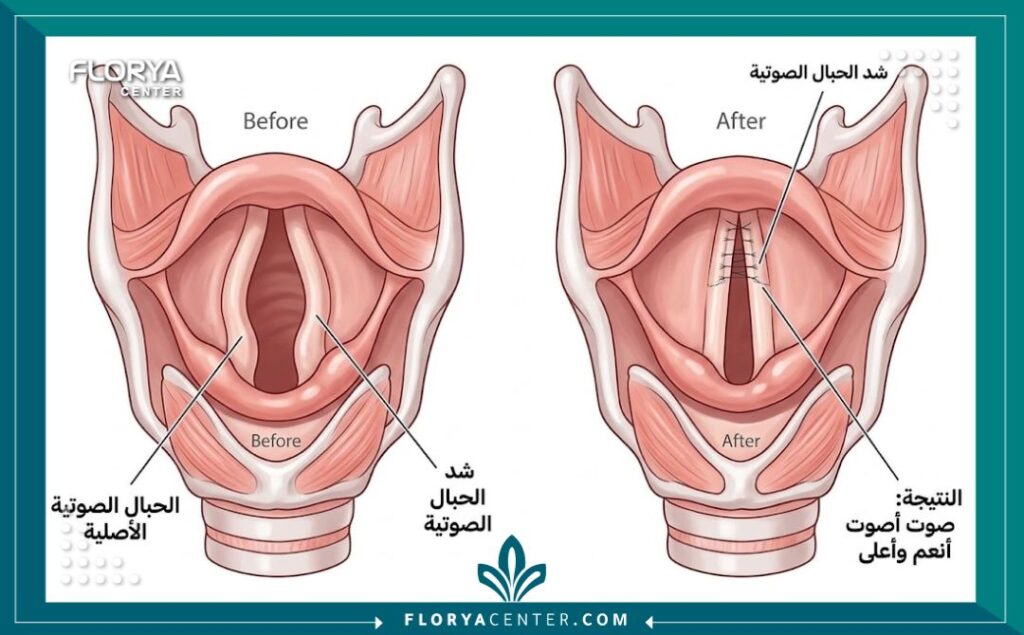 نسبة نجاح عملية تنعيم الصوت 2 رسم تخطيطي طبي يوضح الفرق في شكل الحبال الصوتية قبل وبعد عملية تنعيم الصوت لرفع طبقة الصوت.
