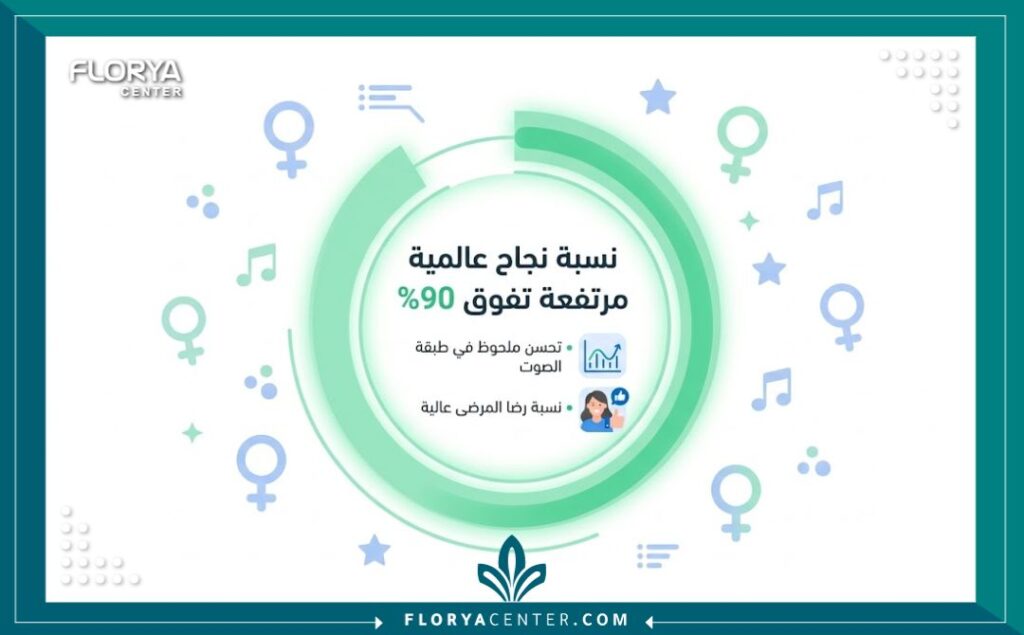 نسبة نجاح عملية تنعيم الصوت 3 إنفوجرافيك بياني يوضح إحصائيات ونسبة نجاح عملية تنعيم الصوت المرتفعة ومعدلات رضا المرضى.