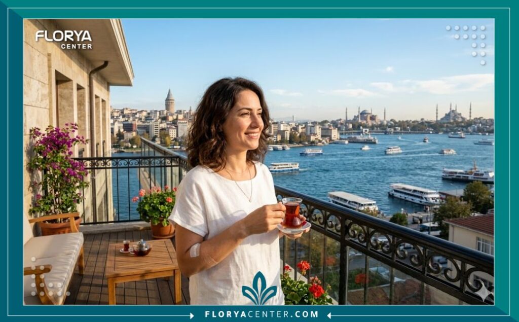 نسبة نجاح عملية تنعيم الصوت 6 مريضة تستمتع بوقت النقاهة في إسطنبول بتركيا بعد إجراء عملية تنعيم الصوت بنجاح مع إطلالة على البوسفور.