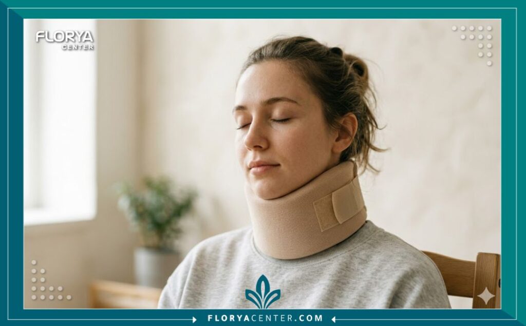 نصائح بعد عملية تجميل الصوت 5 بورتريه جمالي هادئ لشخص يرتدي دعامة رقبة طبية ناعمة بعد جراحة تجميل الصوت، مع إضاءة فنية ناعمة تركز على منطقة التعافي والهدوء أثناء فترة الشفاء.