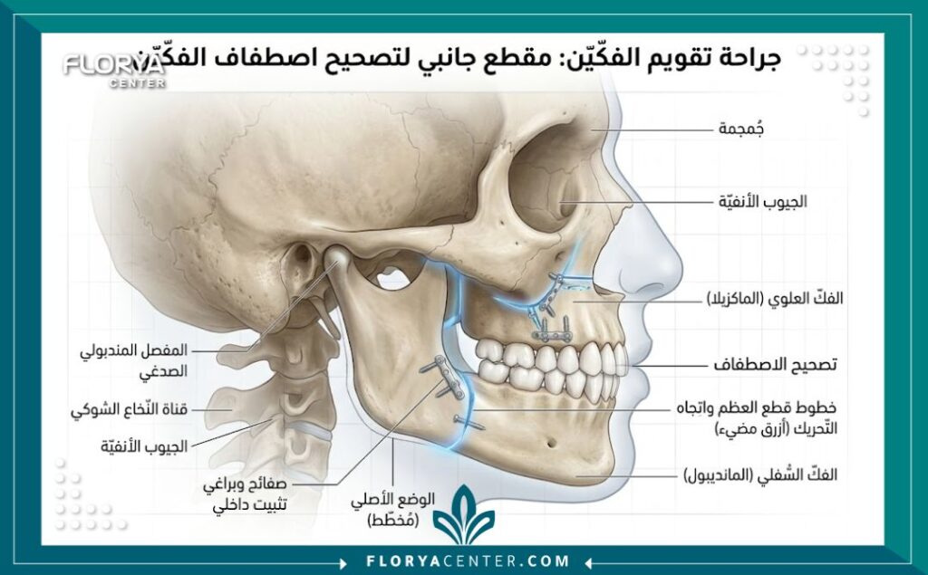 رسم توضيحي طبي يبين تشريح عظام الفك العلوي والسفلي وكيفية تصحيح التطابق عبر جراحة الفك التقويمية.