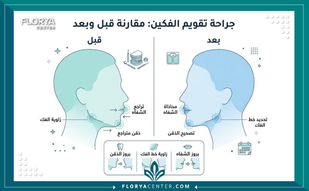 إنفوجرافيك يقارن التغيرات في شكل الملامح الجانبية للوجه وبروز الذقن قبل وبعد إجراء جراحة الفك وهل جراحة الفك تغير ملامح الوجه بالكامل؟