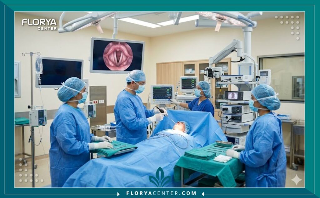 غرفة عمليات حديثة ومجهزة بتقنيات متطورة لإجراء جراحة تجميل الصوت بأمان.