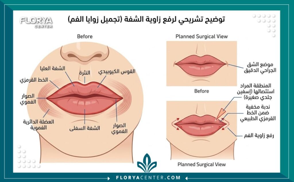 هل عملية رفع زوايا الفم تترك ندوباً؟ 2 رسم توضيحي طبي لأماكن الشقوق الجراحية الدقيقة في عملية رفع زوايا الشفايف لتجنب الندبات الدائمة وهل عملية رفع زوايا الفم تترك ندوباً؟.