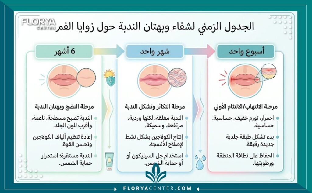 هل عملية رفع زوايا الفم تترك ندوباً؟ 3 إنفوجرافيك يوضح مراحل التئام الجروح واختفاء ندبات عملية رفع زوايا الفم تدريجياً.