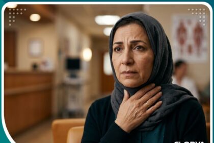 امرأة عربية تضع يدها على حنجرتها بقلق، تعبر عن التساؤل حول أسباب تغير نبرة الصوت المفاجئ.