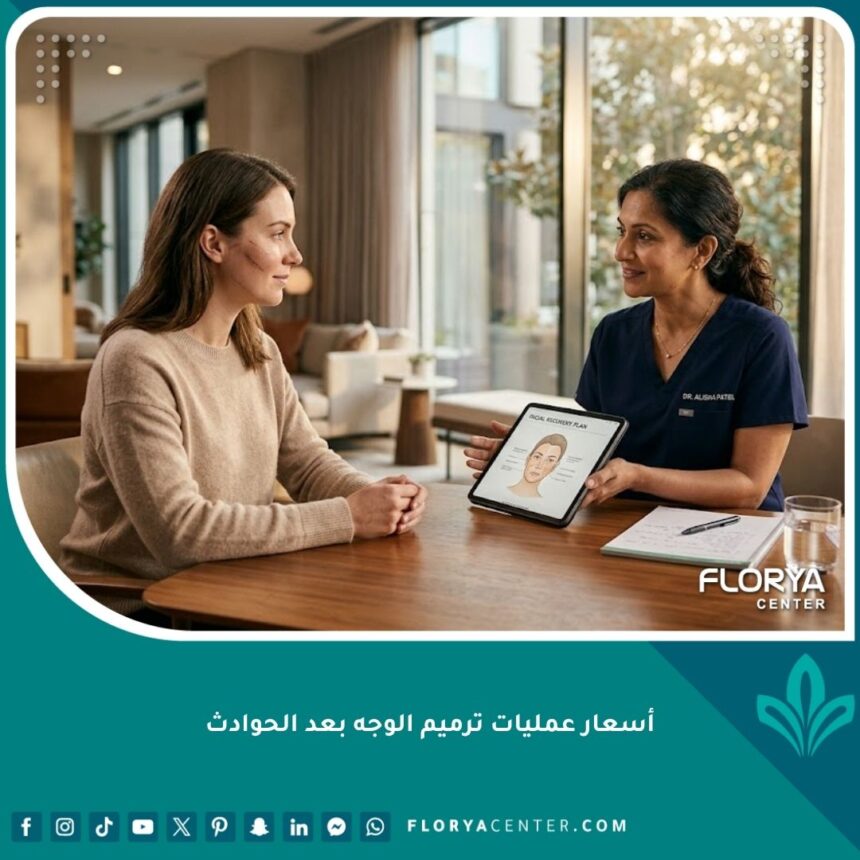 طبيب جراحة تجميلية يناقش تفاصيل وأسعار عمليات ترميم الوجه بعد الحوادث مع مريض في عيادة حديثة.
