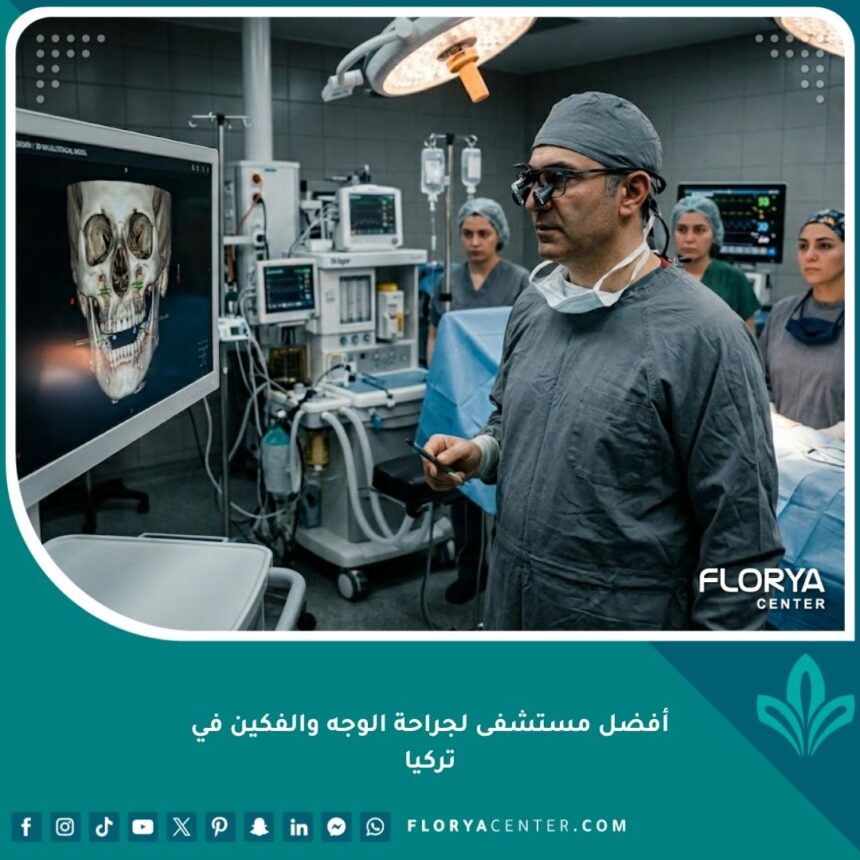 رئيس جراحي الوجه والفكين في تركيا يراجع خطة جراحية رقمية ثلاثية الأبعاد داخل غرفة عمليات مجهزة بالكامل.