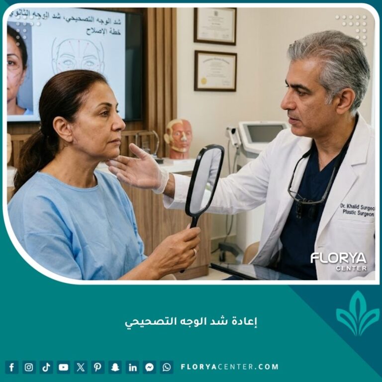نتيجة ناجحة لعملية إعادة شد الوجه التصحيحي لسيدة تظهر بملامح طبيعية ومشدودة بعد إصلاح عملية سابقة، مع خلفية تطل على البوسفور في اسطنبول.