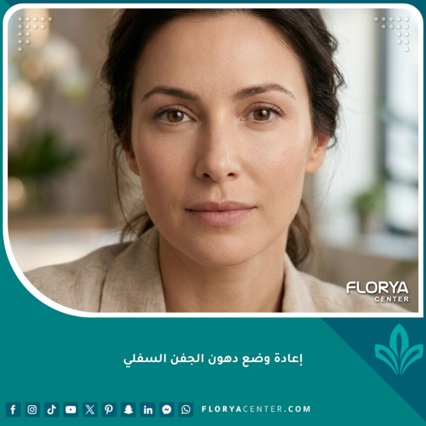 صورة مقربة لعيون شابة تظهر نتيجة عملية إعادة وضع دهون الجفن السفلي وتعبئة تجويف الدمع بنجاح.