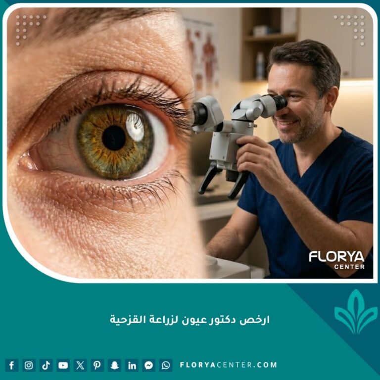 لقطة سينمائية مقربة لعين بعد عملية زراعة القزحية تظهر النتائج الطبيعية والناجحة مع طبيب عيون في الخلفية.
