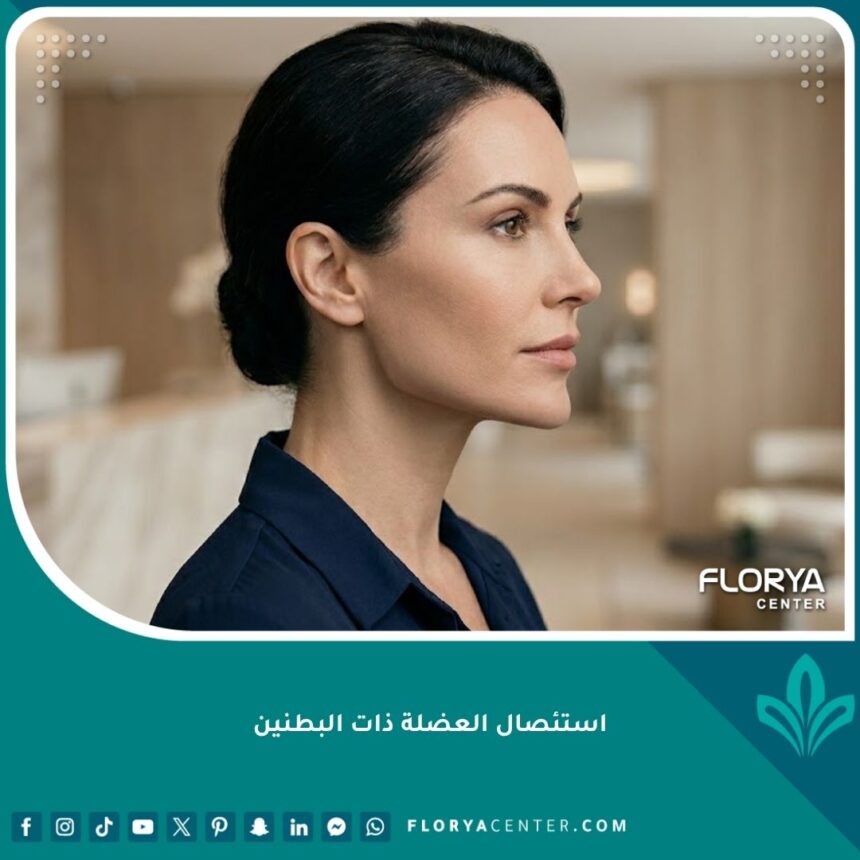 استئصال العضلة ذات البطنين 1 صورة سينمائية لنتائج استئصال العضلة ذات البطنين للحصول على زاوية رقبة مثالية 90 درجة وفك محدد.