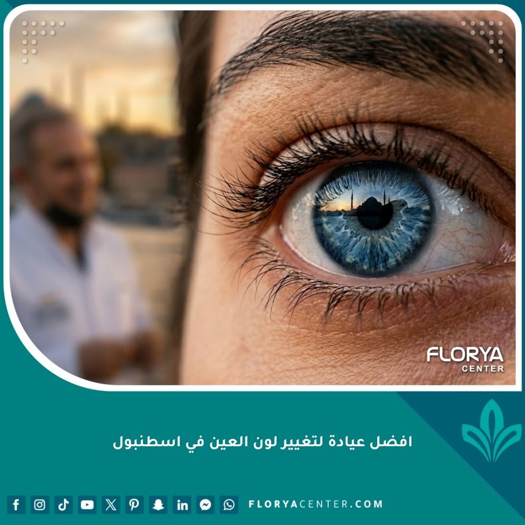 واجهة المقال: نتيجة نهائية مذهلة لتغيير لون العين إلى الأزرق في أرقى عيادة في إسطنبول مع انعكاس آيا صوفيا في العين.