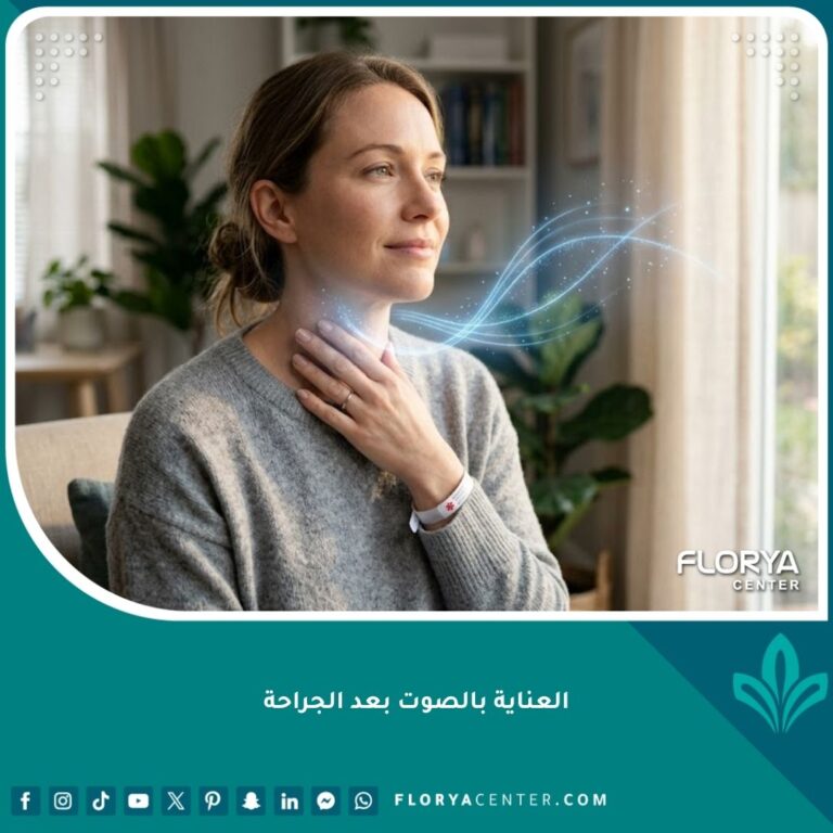 صورة احترافية تجسد العناية بالصوت بعد الجراحة من خلال شخص يلمس حنجرته بلطف لبدء مرحلة تأهيل الأحبال الصوتية.