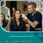 طبيب تجميل يشرح لمريضة الفرق بين شد الجفن العلوي ورفع الحواجب لعلاج المظهر المتعب للعين.