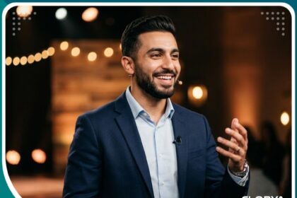 شاب عربي وسيم يبتسم بثقة بعد نجاح تجربة عملية تخشين الصوت وبدء حياة جديدة بنبرة صوت رجولية.