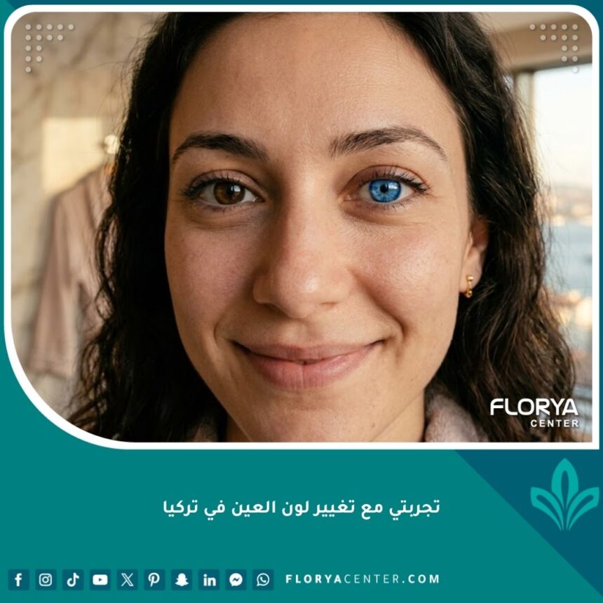 صورة واقعية سينمائية لامرأة تظهر نتيجة تجربتها الناجحة في تغيير لون العين في تركيا، تباين بين لون العين الأصلي والبني واللون الأزرق الجديد مع تعبير عن السعادة والثقة في مركز طبي بمدينة إسطنبول.