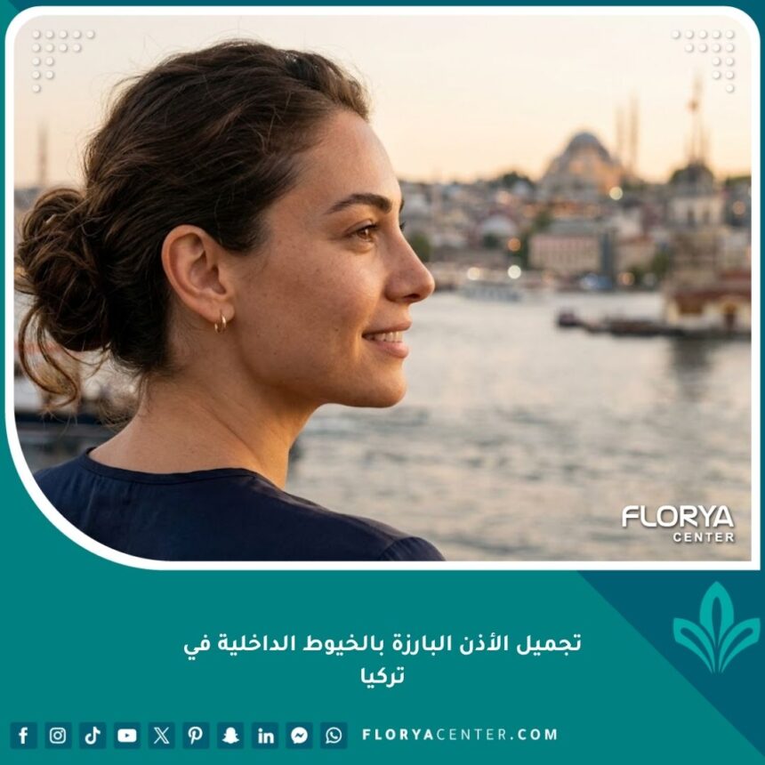 نتيجة نهائية طبيعية وجذابة بعد عملية تجميل الأذن البارزة بالخيوط الداخلية في تركيا، تظهر سيدة بثقة ومظهر أذن متناسق.
