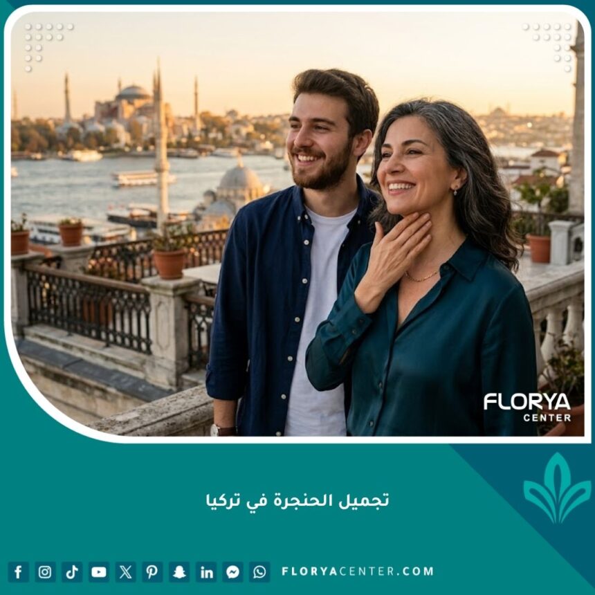 امرأة ورجل سعيدان في اسطنبول بعد إجراء عملية تجميل الحنجرة في تركيا لتعديل الصوت أو تصغير تفاحة آدم.