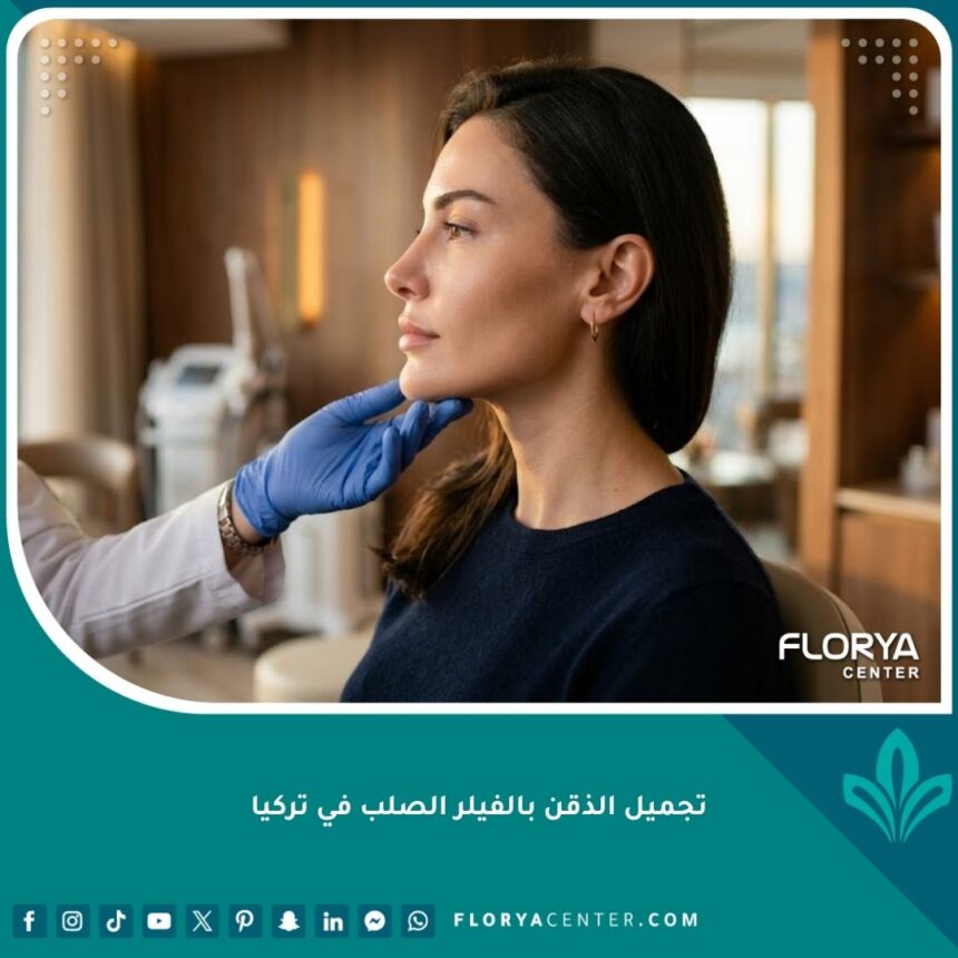 صورة جانبية سينمائية تظهر ذقنًا محددًا ومرسومًا (V-shape) بعد عملية تجميل الذقن بالفيلر الصلب في تركيا، مع لمسة طبيعية وجمالية.
