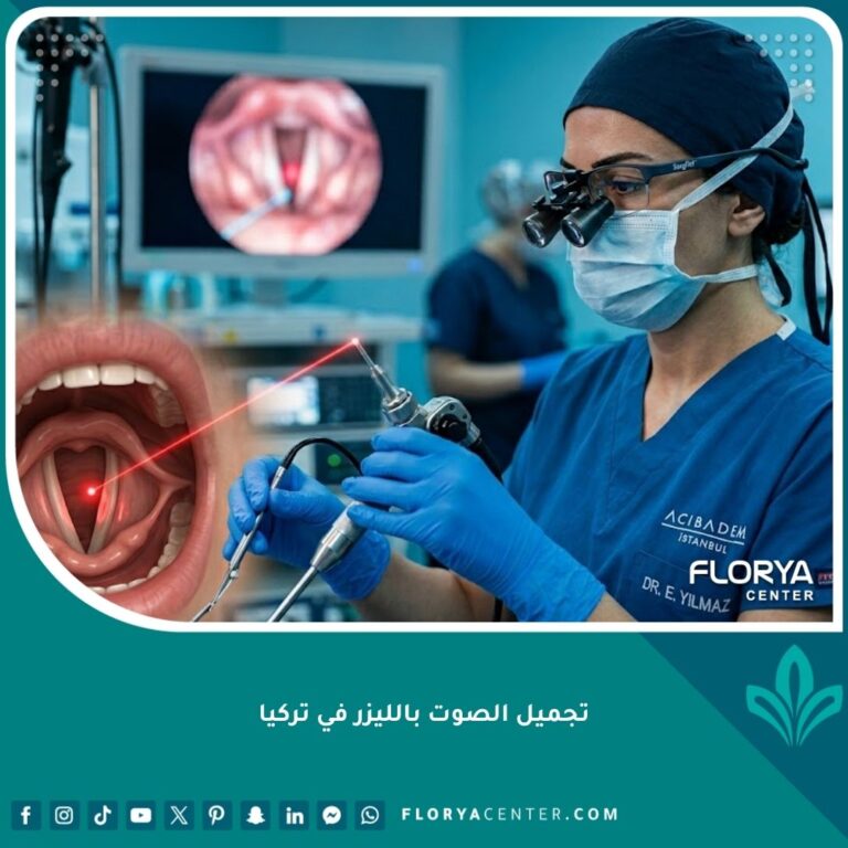 جراح متخصص يجري عملية تجميل الصوت بالليزر بدقة فائقة في مستشفى حديث في تركيا.