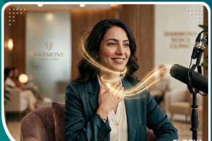 امرأة تشعر بالثقة تلمس حنجرتها برفق، تمثل تجميل الصوت بدون جراحة والنتائج الطبيعية.