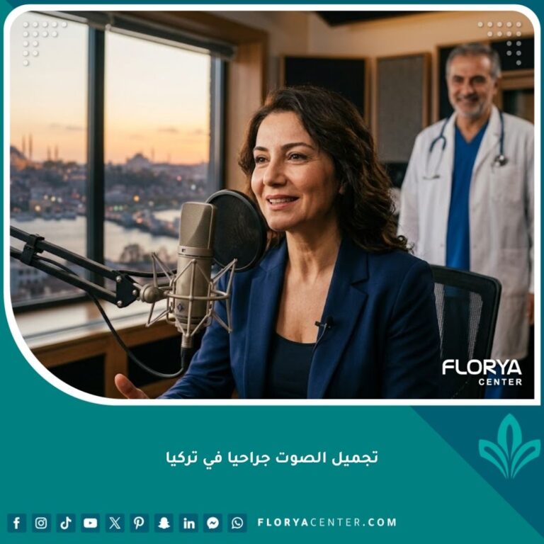 امرأة واثقة تتحدث بوضوح بعد عملية تجميل الصوت جراحيا في تركيا مع إطلالة على اسطنبول.