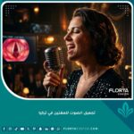 مغنية محترفة تؤدي بثقة على المسرح بعد عملية تجميل الصوت في تركيا، تظهر ملامح القوة والراحة في أدائها الغنائي.