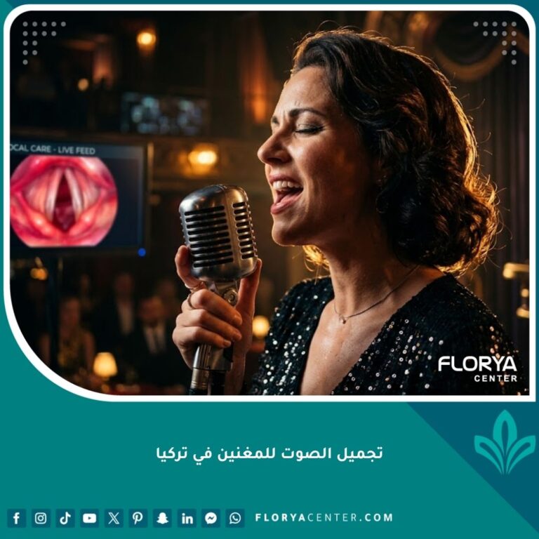 مغنية محترفة تؤدي بثقة على المسرح بعد عملية تجميل الصوت في تركيا، تظهر ملامح القوة والراحة في أدائها الغنائي.