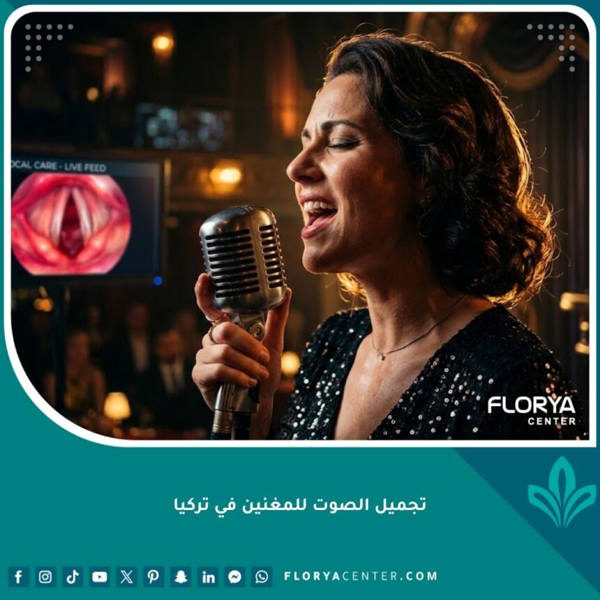 مغنية محترفة تؤدي بثقة على المسرح بعد عملية تجميل الصوت في تركيا، تظهر ملامح القوة والراحة في أدائها الغنائي.