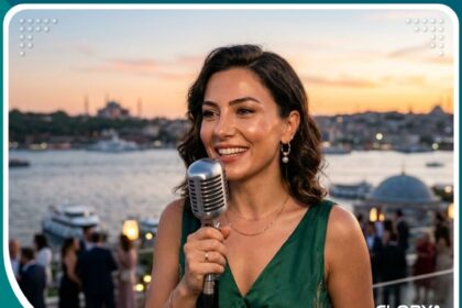 امرأة تتحدث بثقة بعد عملية تجميل الصوت للنساء في تركيا مع خلفية مضيق البوسفور.