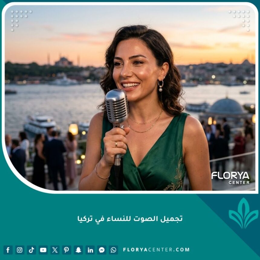 امرأة تتحدث بثقة بعد عملية تجميل الصوت للنساء في تركيا مع خلفية مضيق البوسفور.