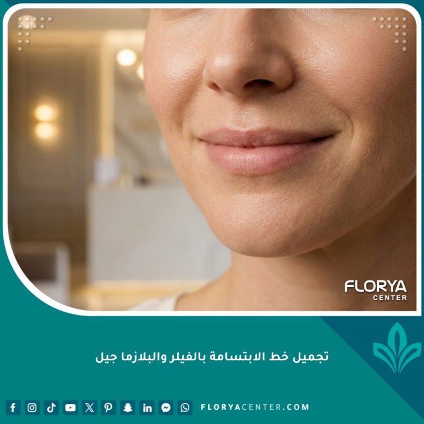 نتيجة نهائية طبيعية ومشرقة بعد تجميل خط الابتسامة بالفيلر والبلازما جيل لامرأة تبتسم بثقة.