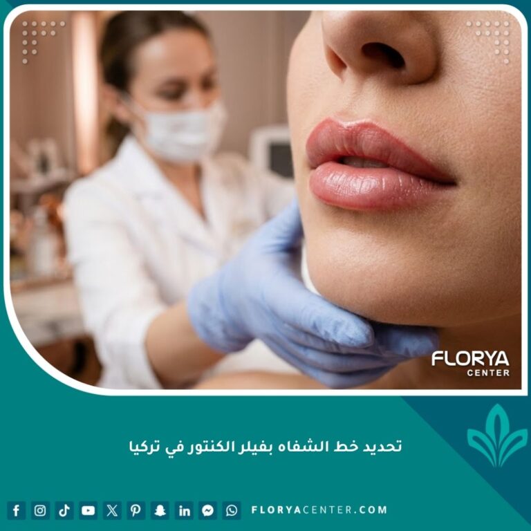 صورة سينمائية مقربة لشفاه امرأة محددة بدقة وبشكل طبيعي باستخدام فيلر الكنتور في عيادة تجميل راقية في تركيا، تظهر النتيجة الدقيقة غير المبالغ فيها.