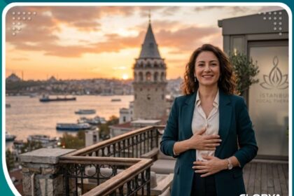 امرأة تتدرب على التنفس الصحيح لتحسين الأداء الصوتي طبيعياً في إسطنبول المطلة على البوسفور.