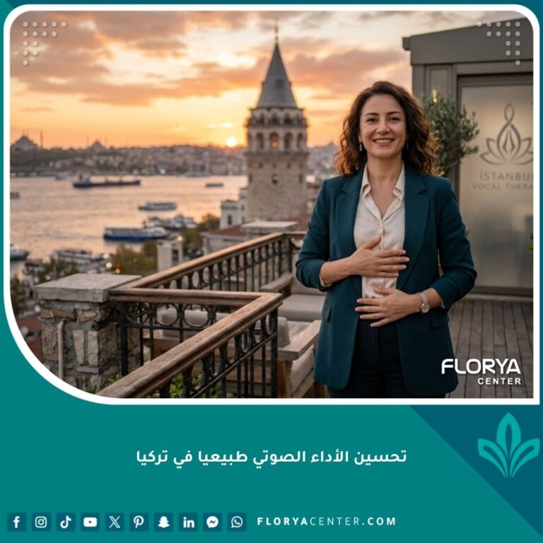 امرأة تتدرب على التنفس الصحيح لتحسين الأداء الصوتي طبيعياً في إسطنبول المطلة على البوسفور.