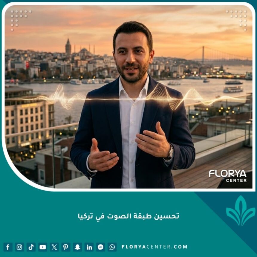 شخص يتحدث بثقة مع موجات صوتية متوازنة في الخلفية، ويظهر أفق إسطنبول، مما يرمز إلى عملية تحسين طبقة الصوت في تركيا.