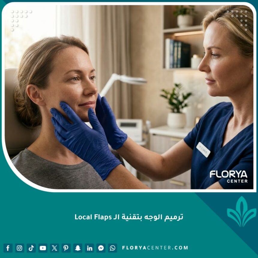 طبيب جراحة تجميلية يفحص وجه مريض استعداداً لإجراء عملية ترميم الوجه بتقنية السديلة الموضعية (Local Flaps).