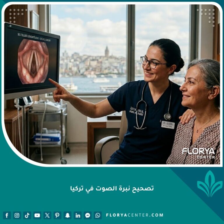 طبيب متخصص في تركيا يطمئن مريضة قبل عملية تصحيح نبرة الصوت، مع إطلالة على اسطنبول.