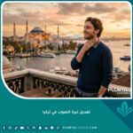 شخص يقف بثقة في إسطنبول بعد عملية تعديل نبرة الصوت في تركيا، ويظهر في الخلفية مضيق البوسفور وآيا صوفيا وقت الغروب، مما يرمز إلى النجاح والأمل.