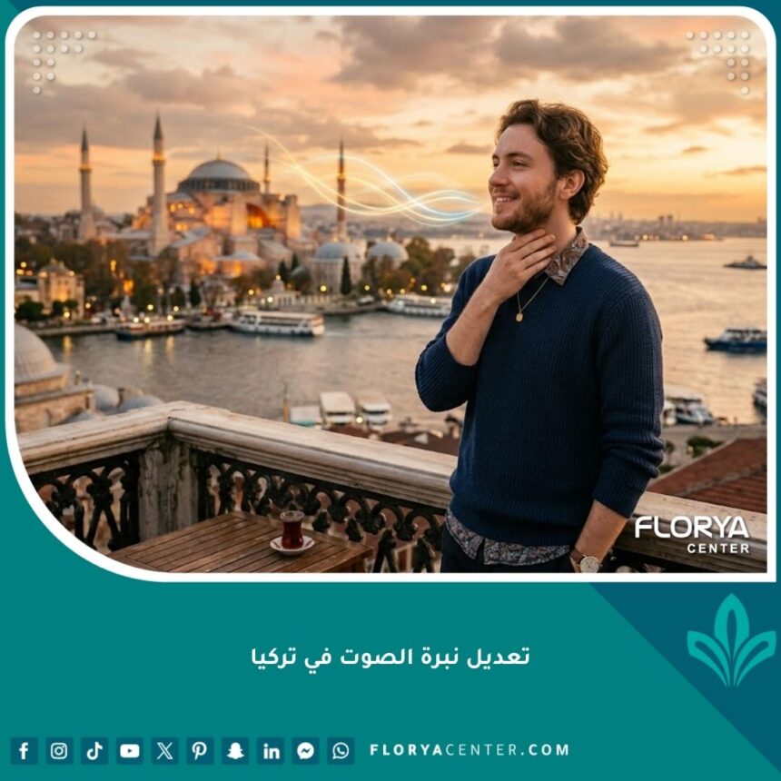 شخص يقف بثقة في إسطنبول بعد عملية تعديل نبرة الصوت في تركيا، ويظهر في الخلفية مضيق البوسفور وآيا صوفيا وقت الغروب، مما يرمز إلى النجاح والأمل.