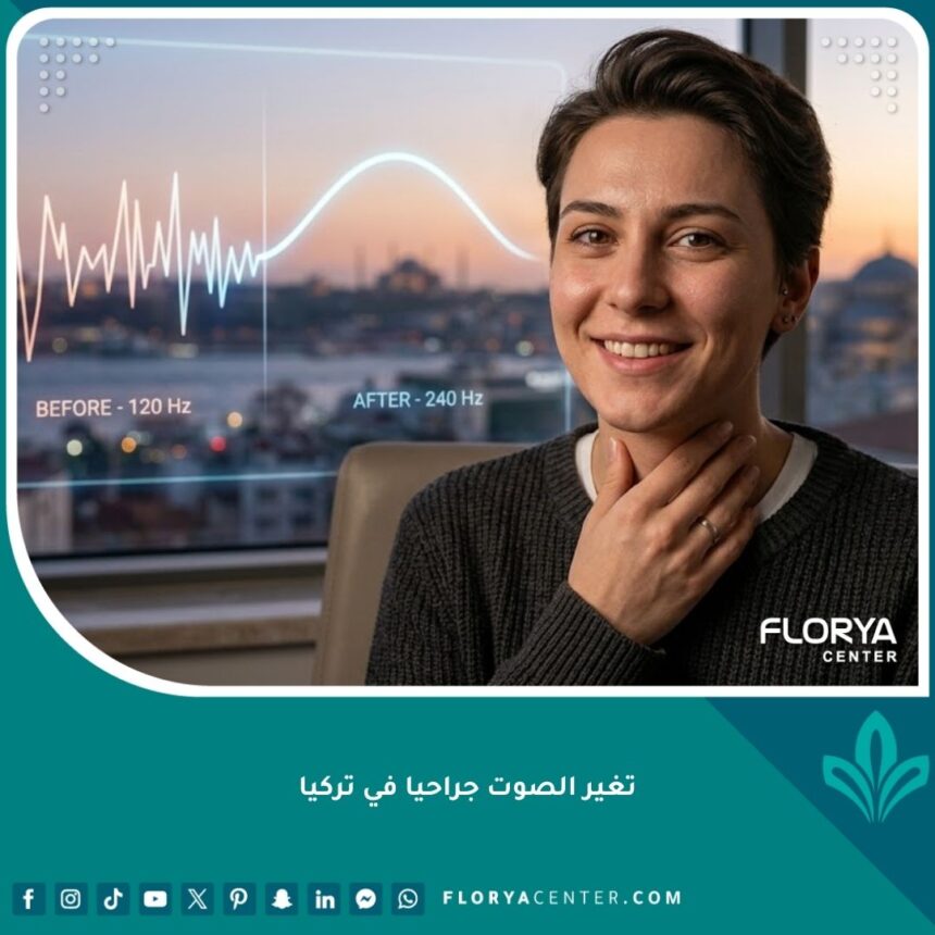 شخص سعيد بنتيجة عملية تغيير الصوت جراحيا في تركيا ويظهر في الخلفية بحر البوسفور وقت الغروب، مما يرمز للثقة والحل النهائي.